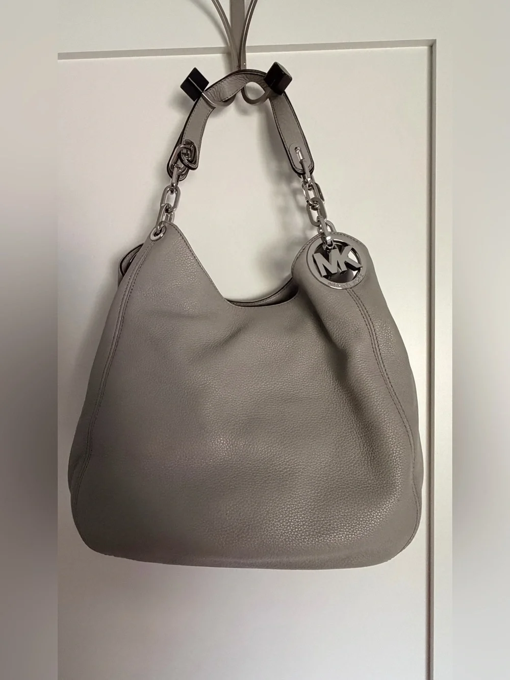 Michael Kors Fulton Gray/Taupe Pebbled Leather Hobo with MK Charm, Like New